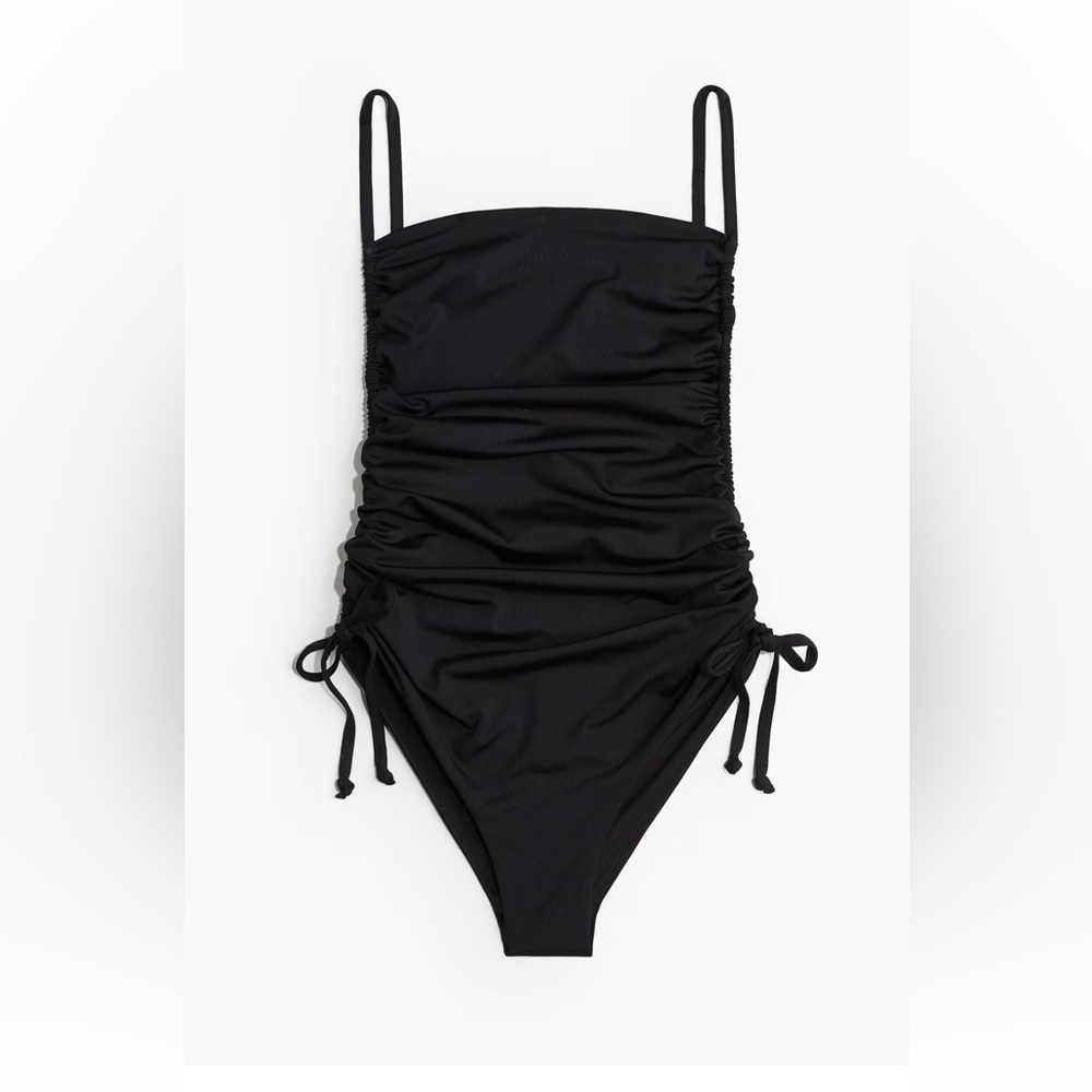 Black H and M swim with small scoop neck, high rise cinched sides, open back